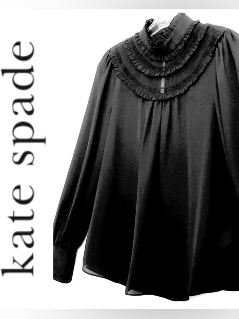 Kate Spade Mesh Trim Ruffle Blouse Black High Neck Medium